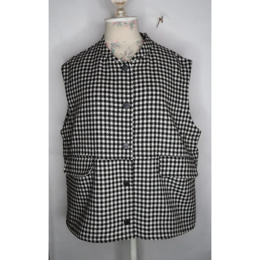 Sézane Houndstooth Wool Blend Snap Front Vest Jacket Womens Sz US 14 46 EU EUC - Picture 2 of 12